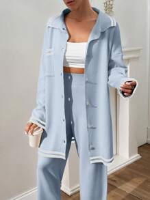 EURMUSE Women Stripe Pattern Pocket Detailed Front Button Cardigan & Sweater Pants Set - Baby Blue - View 8