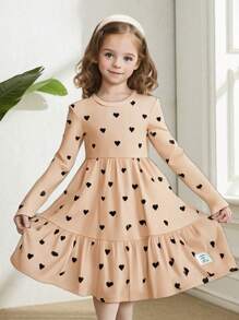 SHEIN 针织心形图案修身年轻女孩休闲连衣裙 - 卡其色 - 查看 1