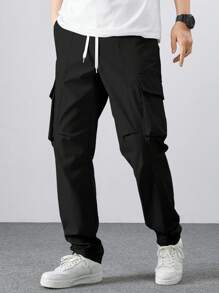 Manfinity Homme Men's Casual Solid Color Drawstring Cargo Pants, Suitable For Autumn, Fall - Black - View 4