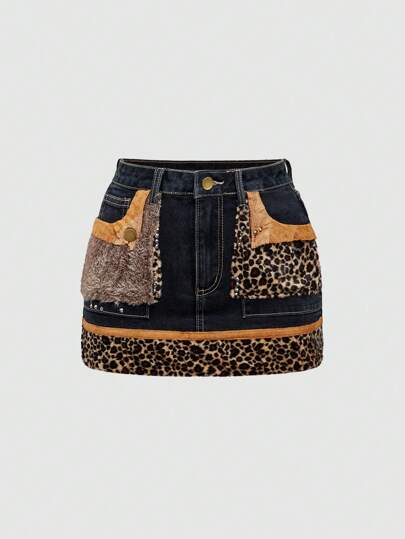 J-Fashion Falda vaquera de mujer con estampado de leopardo vintage, parches de peluche y talle bajo, estilo Gyaru Y2K