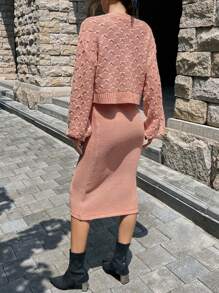 Chiquease Conjunto de 2 piezas con chaqueta corta y vestido de punto de tirantes para mujer, unicolor, para otoño/invierno