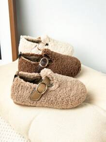 1 Đôi Giày bệt cổ điển mềm mại ấm áp trang trí nút màu trơn cho trẻ em - màu nâu - Xem 1