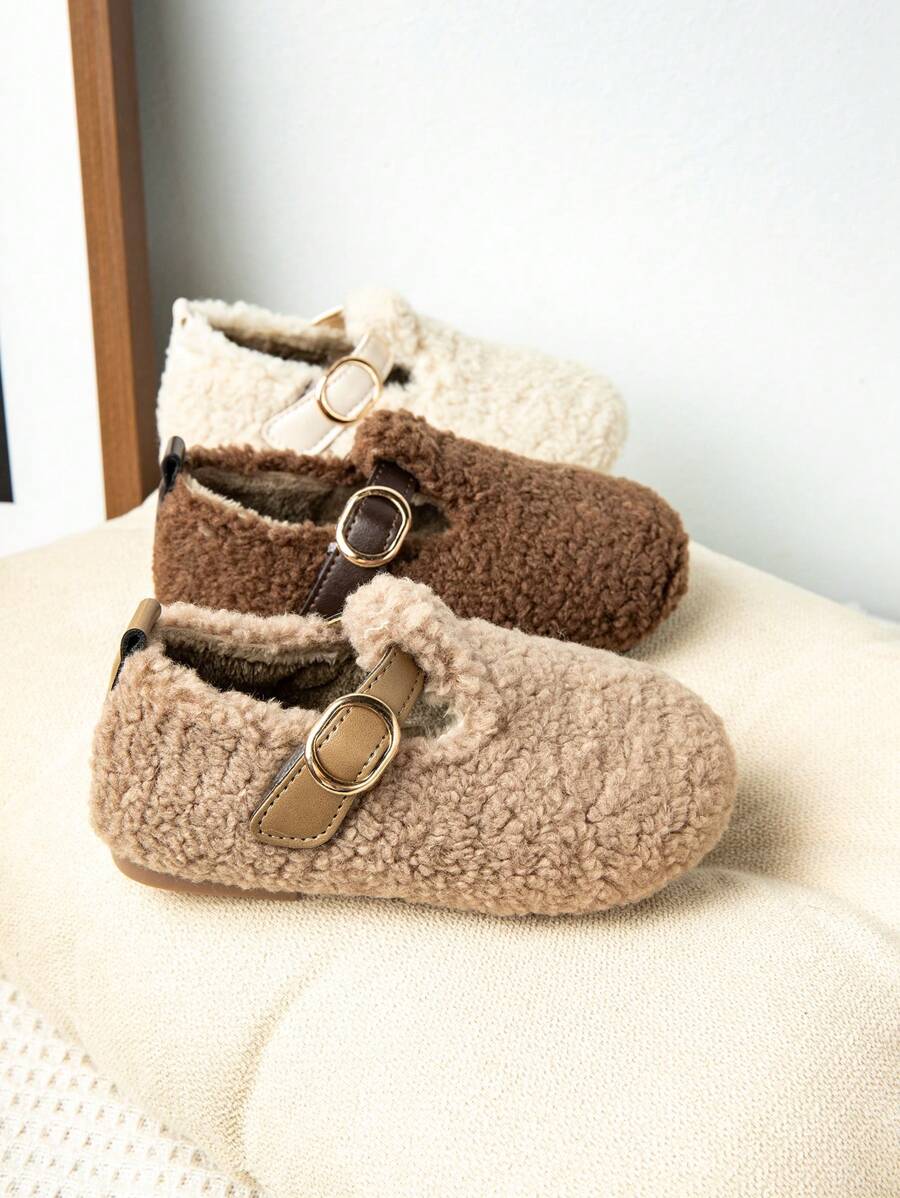 1 Đôi Giày bệt cổ điển mềm mại ấm áp trang trí nút màu trơn cho trẻ em - màu nâu - Xem 1