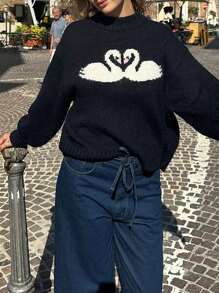 SHEIN EZwear 大码女式休闲日常天鹅图案落肩宽松立领毛衣，适合冬季秋季穿着。 - 黑色 - 查看 1