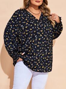 SHEIN CURVE+ 大码女式花卉 V 领长袖优雅衬衫，适合度假 - 藏蓝色 - 查看 2