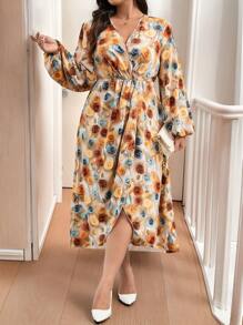Celure Vestido envolvente con estampado floral 3D talla grande elegante