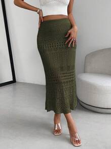 Almamuse Saia suéter feminina clássica cor sólida vazada malha elegante linha A