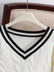 Tween Girl 纯白配黑条纹 V 领条纹麻花针织休闲毛衣，秋冬保暖，返校日穿 - 白色 - 查看 4