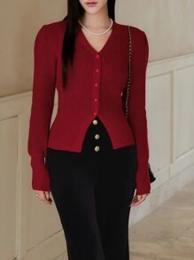 EastFlair 女士红色V领圣诞毛衣开衫，厚实柔软，收腰设计，高端，秋冬 - 紅色 - 查看 5