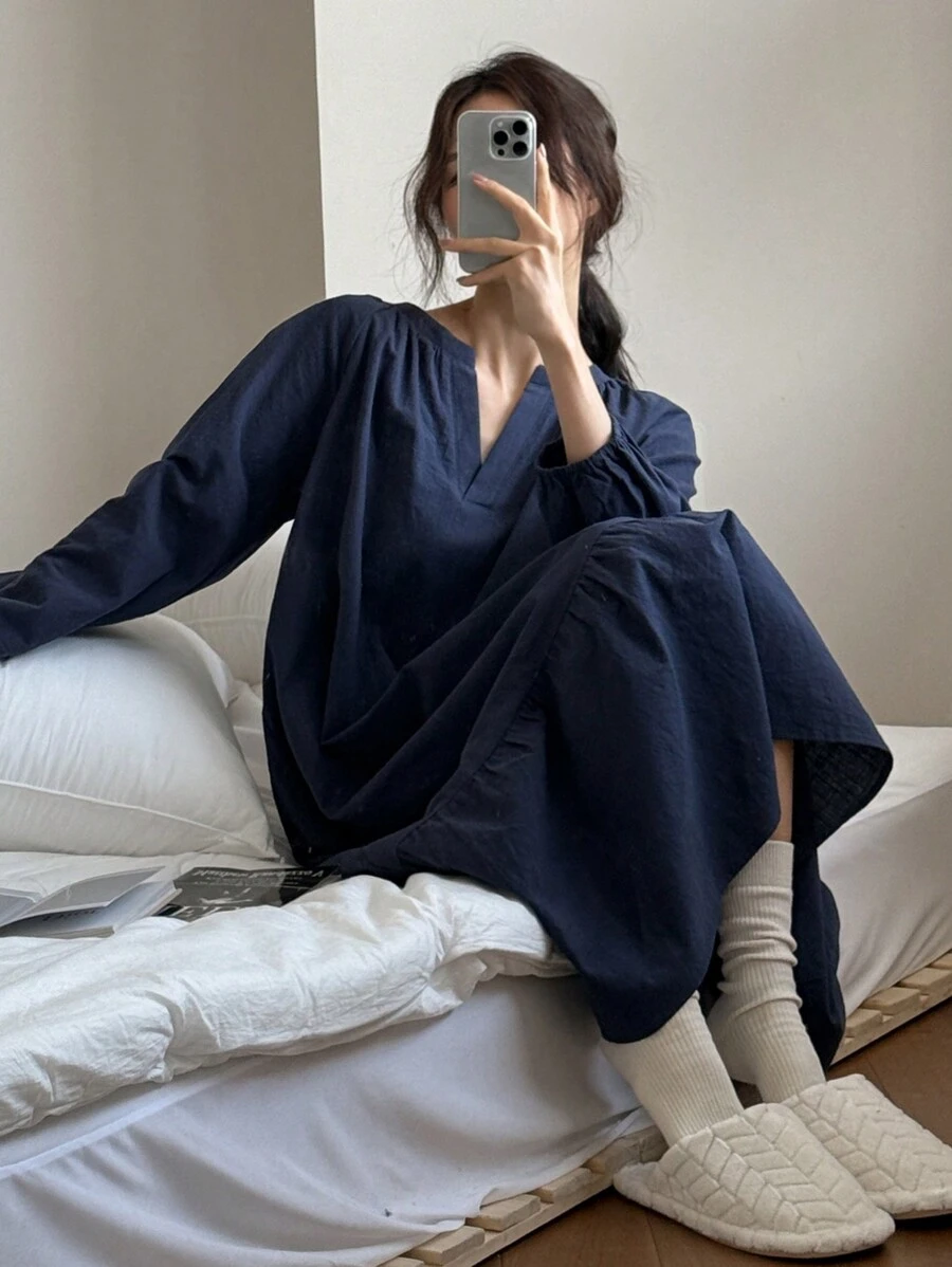 DAZY Women's Solid Color Minimalist Notch Collar Lantern Sleeve Ruffled Hem Loose Fit Casual Dress For Home - Navy Blue - View 1