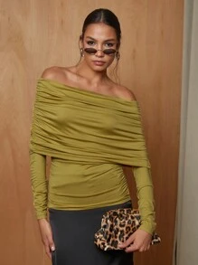 COSMINA 1 件女式秋季优雅褶皱露肩修身长袖上衣 - 卡其色 - 查看 1