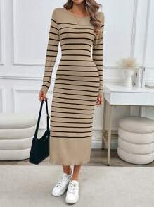SHEIN LUNE 1pc Women Colorblock Striped Bodycon Long Sweater Dress - Multicolor - View 7