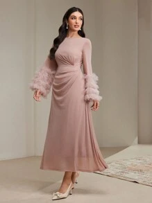 Veilorie Women's Autumn Contrast Mesh Ruffled Hem Modest Long Sleeve Dress - Pink - View 8