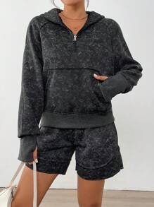 SHEIN LUNE Chaqueta con capucha con cremallera y bolsillos talla grande pantalones cortos acolchados en 2 piezas, elaborados con tejido suave texturizado con copos de nieve, cómodos para uso casual, deportivo y en casa durante otoño/invierno para mujer