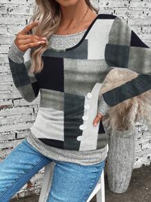 SHEIN LUNE Women Casual Color Block Print 2 In 1 Long Sleeve T-Shirt, Autumn