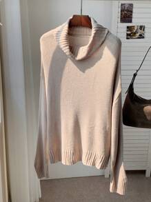 Comfortcana 女士纯色高领长袖简约毛衣，休闲日常穿着 - 卡其色 - 查看 5