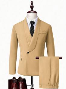 Calvornis Men's Business Casual Solid Color Shawl Neck Blazer And Pants Set - Khaki - View 5