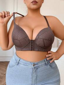 大码女式前扣蕾丝文胸，带钢圈和衬垫，凸显乳沟，透气