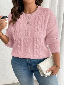 Calvaya Plus Size Solid Color Round Neck Cable Knit Casual Pullover Sweater, For Winter Knit Pullover Fall - Pink - View 7
