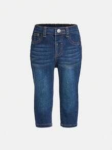 SHEIN Baby Girl Elastic Fitted Rinsed Dark & Light Blue 3-Piece Set, Rinsed Comfortable Soft Denim Pants Chic Outfits For Autumn/Winter - Multicolor - View 9