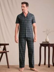 EverLounge 男士格子短袖衬衫和裤子两件套家居服套装 - 黑色 - 查看 4