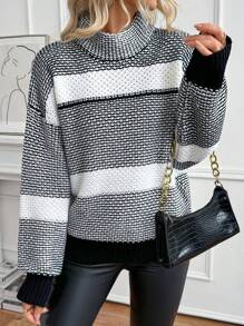 SHEIN LUNE Women's Commuter Contrast Stripe Turtleneck Chunky Knit Sweater