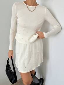 SHEIN Essnce 2 件套女士优雅纯色仿珍珠装饰上衣和迷你裙，春夏、冬季两件套 - 白色 - 查看 5