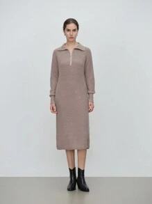 SHEIN LUNE 女士休闲纯色拉链半前毛衣连衣裙，适合秋冬季 - 摩卡棕 - 查看 1