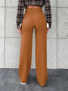 EURMUSE Solid Color Straight Leg High Waisted Suit Pants - Coffee Brown - View 2
