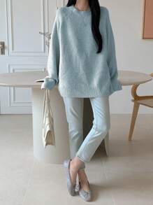 DAZY Women's Loose Fit Crew Neck Long Sleeve Solid Color Sweater,Fall Women Clothes - Blue - View 5