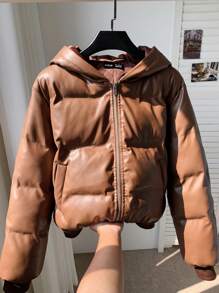 Muchica 女士新款棕色 PU 加厚外套，秋冬款