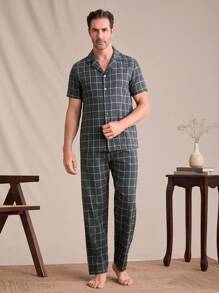 EverLounge 男士格子短袖衬衫和裤子两件套家居服套装 - 黑色 - 查看 3