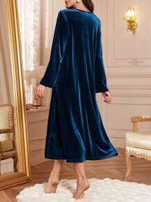 Contrast Trim Decor V-Neck Velvet Loose Long Nightgown - Navy Blue - View 2