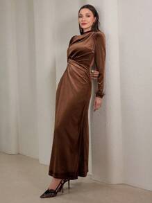 Veilorie Women's Solid Color Stand Collar Bubble Long Sleeve Waist Twist Long Elegant Arabian Dress Modest - Coffee Brown - View 3