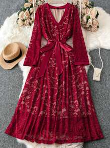 SHEIN Clasi V 领长袖蕾丝腰带拼色连衣裙，大码女士优雅鸡尾酒会连衣裙，圣诞节 - 酒紅色 - 查看 1