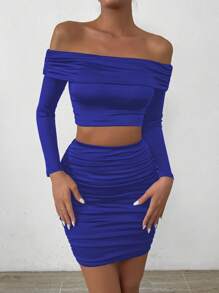 Zolique 2 件套女士露肩长袖短款 T 恤和褶皱下摆中长裙，秋季时尚装扮 - 寶藍色 - 查看 5