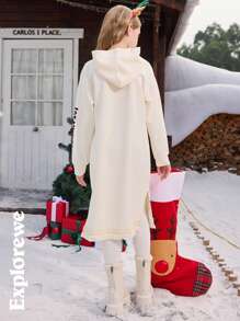 1 pezzo Abito lungo con cappuccio e maniche lunghe, con motivo natalizio e orlo con nappe, adatto per uso all''aperto o in vacanza - Albicocca - Visualizzare 2