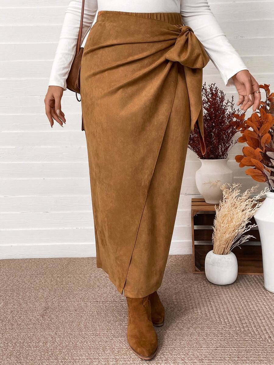 SHEIN VCAY Váy nơ buộc nơ bằng da lộn kaki cỡ lớn, váy phong cách boho phương Tây giản dị cho mùa thu/đông - Màu Khaki - Xem 1