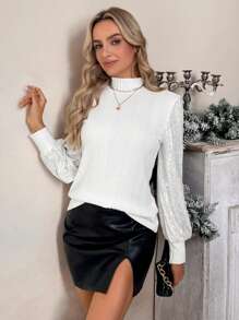 SHEIN LUNE 1 件女式毛绒罗纹袖亮片装饰 T 恤，修身剪裁，适合圣诞派对场合、冬季 - 白色 - 查看 6