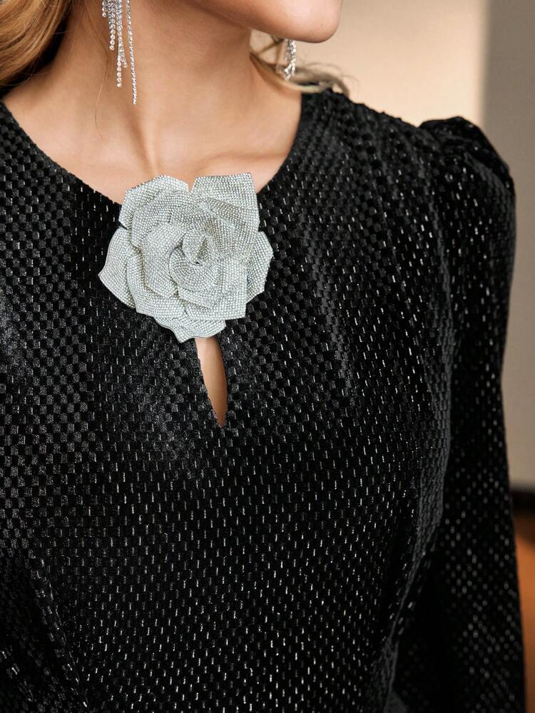 PUFF SLEEVE RHINESTONE STEREO FLOWER DETAIL BLOUSE WITHOUT BELT