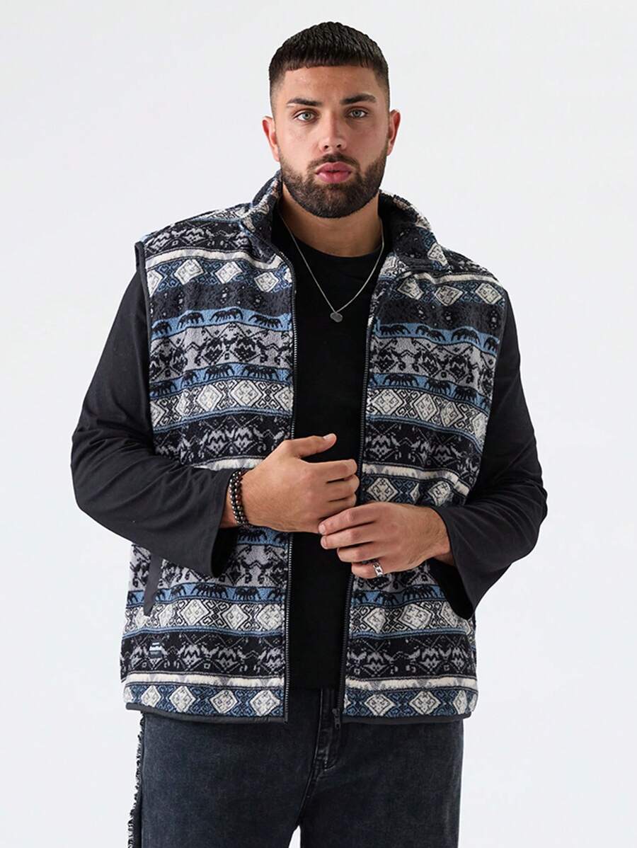 Manfinity VCAY Plus Size Men's Double-Faced Plush Elephant Printed Zipper Sleeveless Vest, Going Out Black Colorful Graphic Casual Flannel Vest, For Friends, Husband, Boyfriend Gifts, For Fall Winter - Royal Blue - View 1
