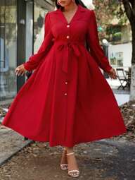 SHEIN Unity فستان أنيق طويل ذو ياقة حمراء بطراز فرنسي بسيط ،فستان إلهة راقي ومميز ،فستان نسائي أنيق لملابس رأس السنة الجديد