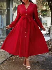 SHEIN Unity 法式优雅极简风红领长裙独特高端女神优雅女士秋季连衣裙新年衣服长款女装 - 紅色 - 查看 1