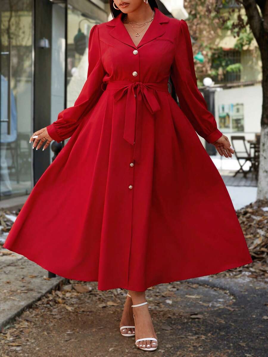 SHEIN Unity 法式优雅极简风红领长裙独特高端女神优雅女士秋季连衣裙新年衣服长款女装 - 紅色 - 查看 1