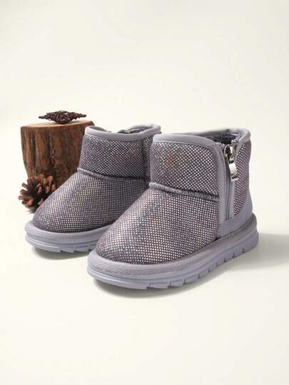 1 双女童灰色亮面平底休闲舒适加厚保暖雪地靴，适合冬季