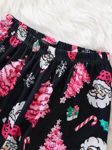 青少年女孩 2 件套圣诞快乐圣诞老人和圣诞树领长袖上衣和裤子家居服套装 - 彩色 - 查看 5