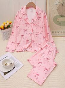 Valentine's Day Tween Girl Light Pink Bow Pattern Cardigan And Long Pants Casual 2 Pieces Pajama Set, Mommy And Me Matching Outfits (Sold Separately In Sets Of 3)