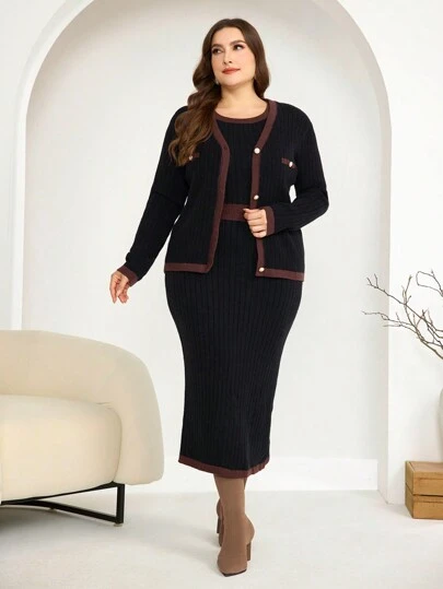 Modelyn Plus Size Elegant Contrast Trim Button Front Cardigan And Sweater Dress Set, Autumn/Winter 2 Pieces Set