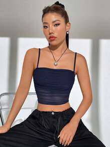 SHEIN EZwear ArmyGreen Summer Tops Solid Ruched Mesh Cami Top - Navy Blue - View 3