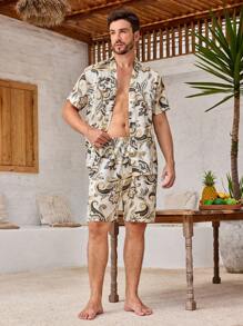 Manfinity ChillVibe 2pcs Men All-Over Print Button-Front Short Sleeve Top And Shorts Pajama Set